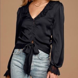 Lulus You're Mine Black Satin Ruffle Tie-Front Top